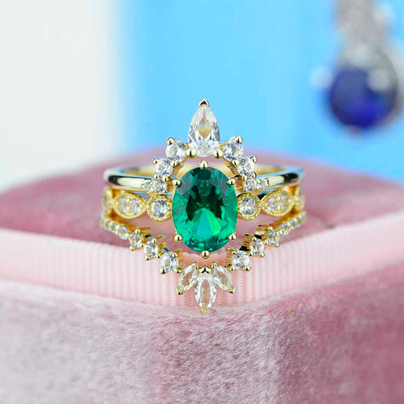 14K Yellow Gold Oval Emerald Moissanite Halo Engagement Ring  with Two Eternity Rings Set