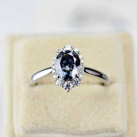 14K White Gold 2 Carat Oval Dark Gray Blue Moissanite Halo Engagement Ring