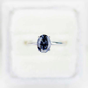 14K White Gold 2 Carat Oval Dark Gray Blue Moissanite Engagement Ring