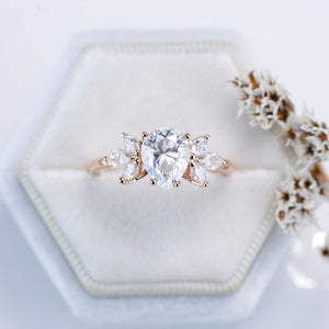 Pear Shaped Moissanite Engagement Ring. Vintage Unique Marquise Cut Cluster Engagement Ring