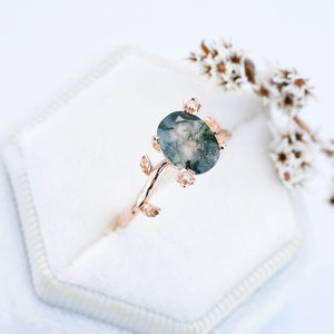 14K Rose Gold Dainty Natural Moss Agate Leaf Ring, 2ct Oval Agate Twig Ring, Rose Gold Ring Unique Curved Vintage Floral Ring