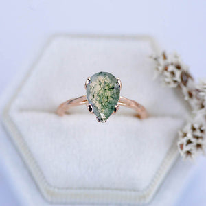 3 Carat Pear Genuine Moss Agate Engagement Ring