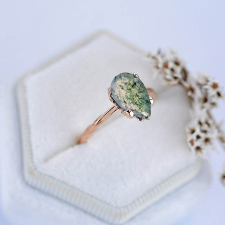 3 Carat Pear Genuine Moss Agate Engagement Ring