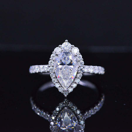 3 Carat Pear Cut Halo Moissanite 14K Solid White Gold
