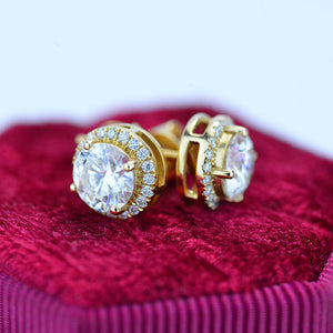 1CTW Moissanite Halo Stud Earrings 14K Yellow Gold