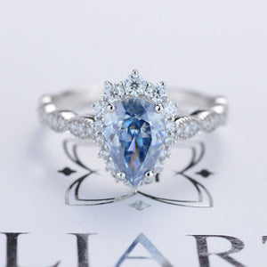 14K White Gold 3 Carat Pear Blue Moissanite Halo Engagement Ring