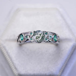 Ring Genuine Moss Agate Celtic Engagement Ring 14K White Gold