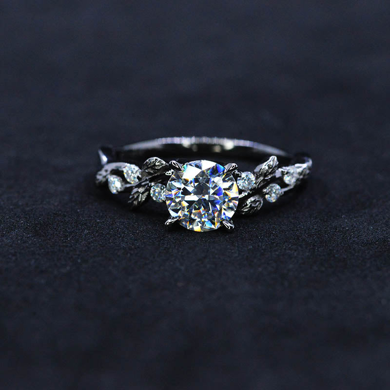 Round Brilliant Cut Moissanite Floral Black Gold Engagement Round Brilliant Cut Moissanite Floral Black Gold Engagement