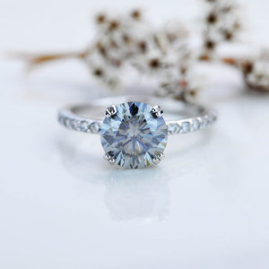 2 Carat Dark Gray Grey Blue  Moissanite Stone with Accent Stones 14K White Gold Ring