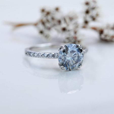 2 Carat Dark  Gray Grey Blue  Moissanite Stone with Accent Stones 14K White Gold Ring