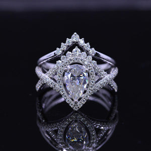 14K White Gold 1 Carat Pear Moissanite Halo Twisted Engagement Ring Eternity Ring Set