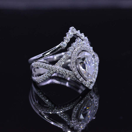 14K White Gold 1.5 Carat Pear Moissanite Halo Twisted Engagement Ring Eternity Ring Set