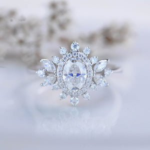 14K White Gold 1.5 Carat Oval Snowflake Halo Engagement Ring