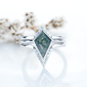 14K White Gold 3 Carat Kite Moss Agate Halo Engagement Ring, Three Rings Set