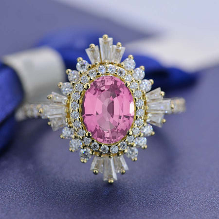 1.5 Carat Oval Pink Sapphire Cut Halo 14K Yellow Gold Engagement Ring