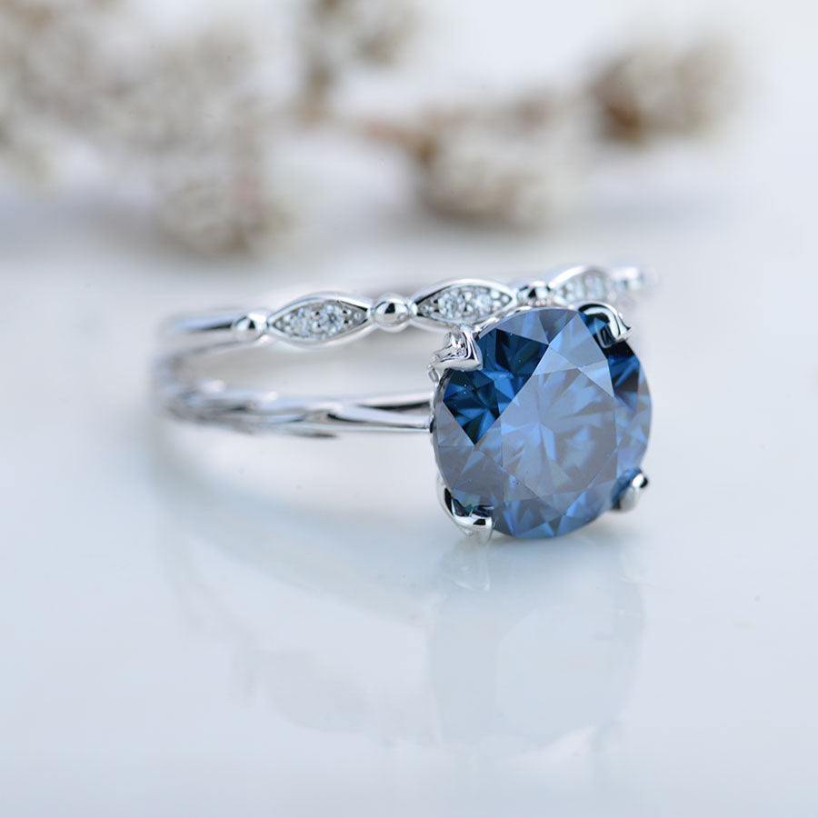 3 Carat Dark Gray-Blue Moissanite Engagement Eternity Gold Ring Set ...