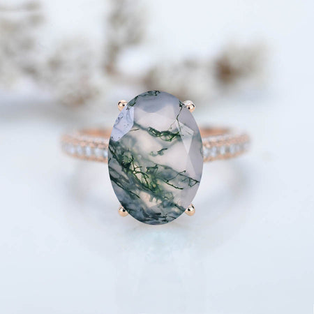 8 Carat Oval Cut 14x10mm Genuine Moss Agate Hidden Halo Rose Gold Engagement Ring