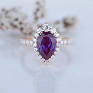 14K Solid White Gold 3 Carat Alexandrite Pear Cut Halo Moissanite Ring ...