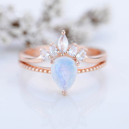 Genuine Pear Cut Moonstone Ring- Two Ring Set