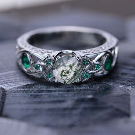 Genuine Moss Agate Celtic Engagement Ring 14K White Gold