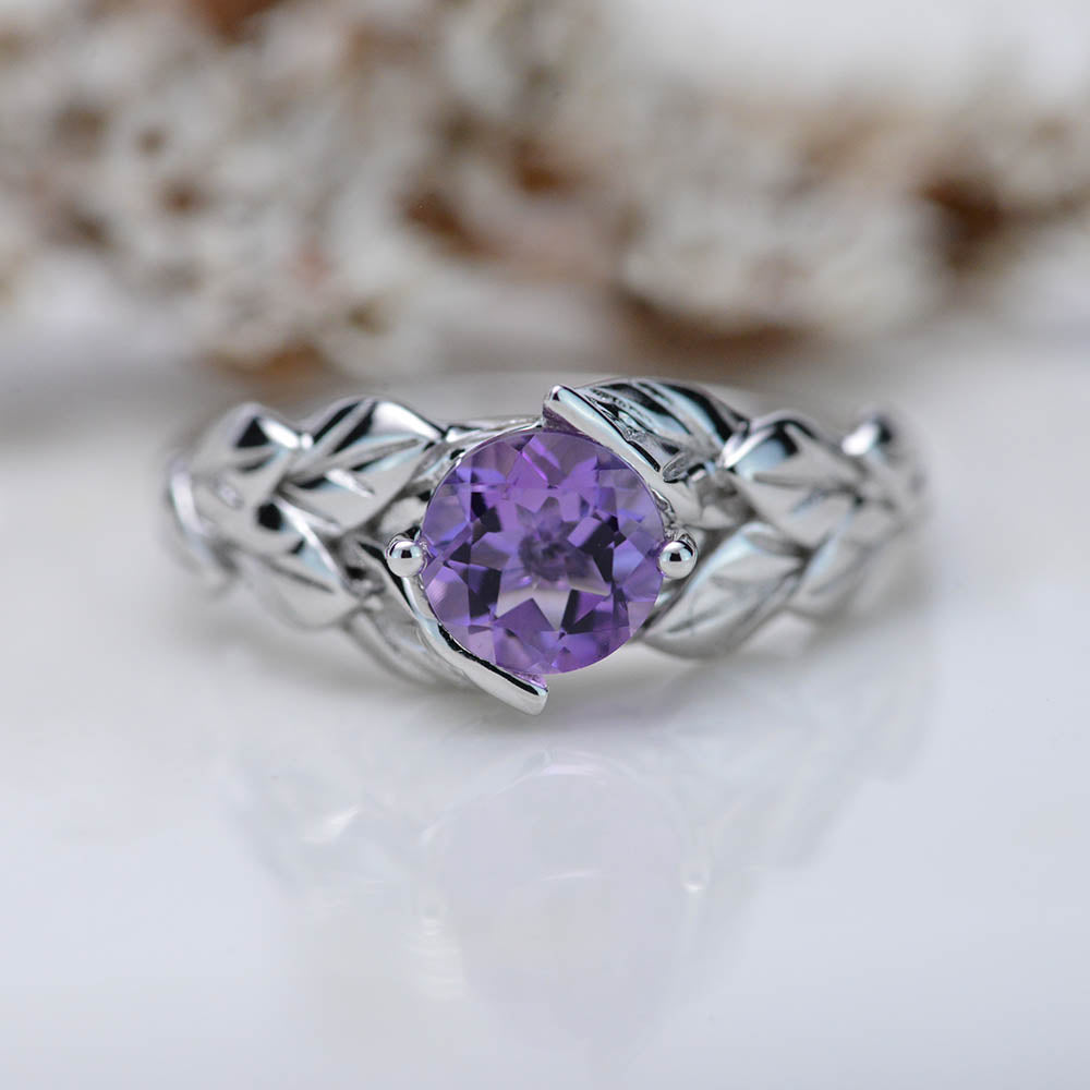 Amethyst Floral Leaf Design 14K White Gold Engagement Ring