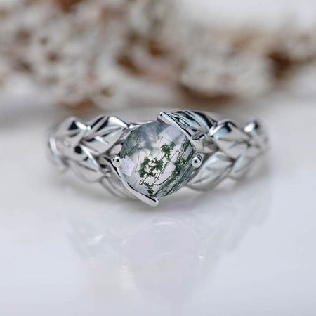 Genuine Moss Agate Floral Leaf Design 14K White Gold Engagement Ring