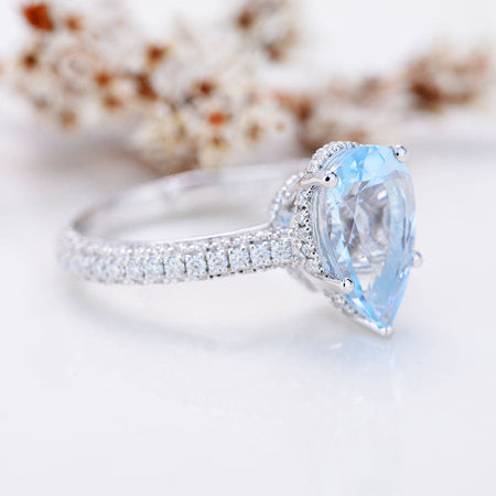 4 Carat Pear Cut Aquamarine Hidden Halo Gold Engagement Ring