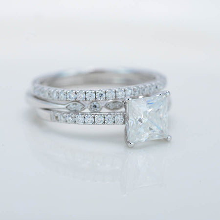 14K White Gold 2 Carat Princess Cut Moissanite Engagement Ring Eternity Ring Set
