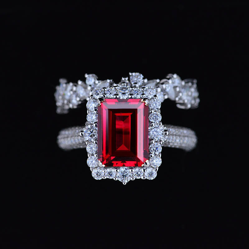 4Ct Ruby Engagement Ring Halo Emerald Cut Ruby Engagement Ring, 10x8mm ...