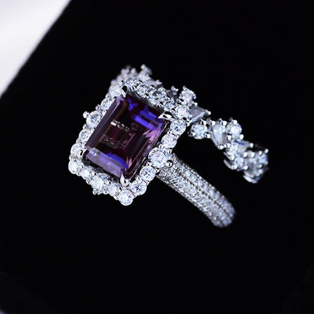 3 Carat Alexandrite Engagement Ring Halo Emerald Cut Alexandrite Nontraditional Engagement Ring, 9x7mm Step Cut Alexandrite Fairy Engagement Ring with Eternity Band