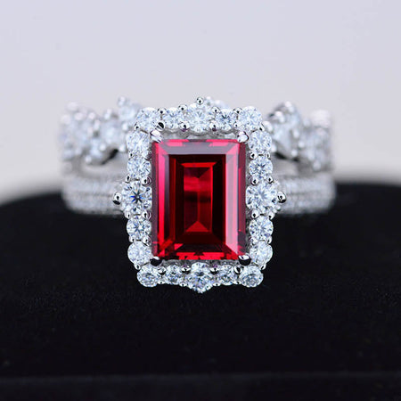 4Ct Ruby Engagement Ring Halo Emerald Cut Ruby Engagement Ring, 10x8mm Step Cut Ruby Engagement Ring with Eternity Band