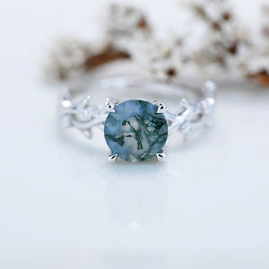 2 Carat Genuine Moss Agate Twig Floral White Gold Engagement  Ring