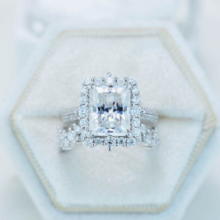4Ct Moissanite Engagement Ring Halo Radiant Cut Moissanite Engagement Ring, 10x8mm Radiant Cut Moissanite Engagement Ring with Eternity band