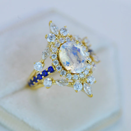 2 Carat Oval Moonstone Diamond Sapphire Halo Engagement Gold Ring