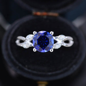 2Ct Round Sapphire Vintage Engagement Ring, Royal Blue Sapphire Engagement Ring, Marquise Side Accents Stones 14K White Gold Ring