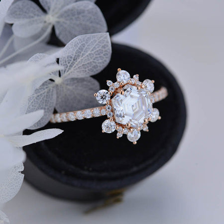 3 Carat Hexagon Moissanite Snowflake Halo Engagement Ring. Victorian 14K Rose Gold Ring