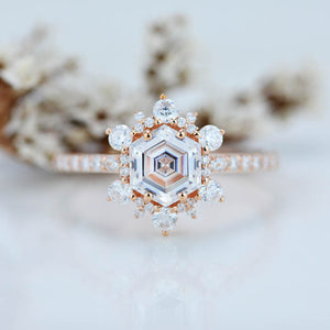 3 Carat Hexagon Moissanite Snowflake Halo Engagement Ring. Victorian 14K Rose Gold Ring