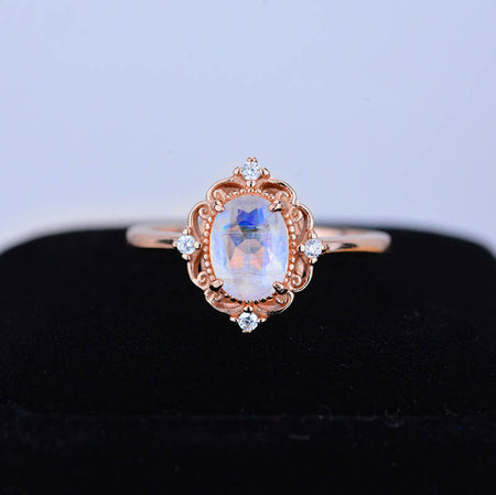 14K Solid Rose Gold Dainty Natural Moonstone Ring, 2ct Oval Cut Moonstone Ring, Rose Gold Ring Unique Oval Halo Vintage Ring.