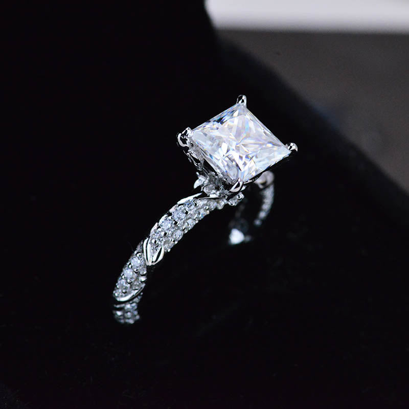 2Ct Princess Cut Moissanite Engagement Ring, Solitaire Princess Cut Moissanite Engagement Ring, Floral Pave Accents Stones Floral Ring