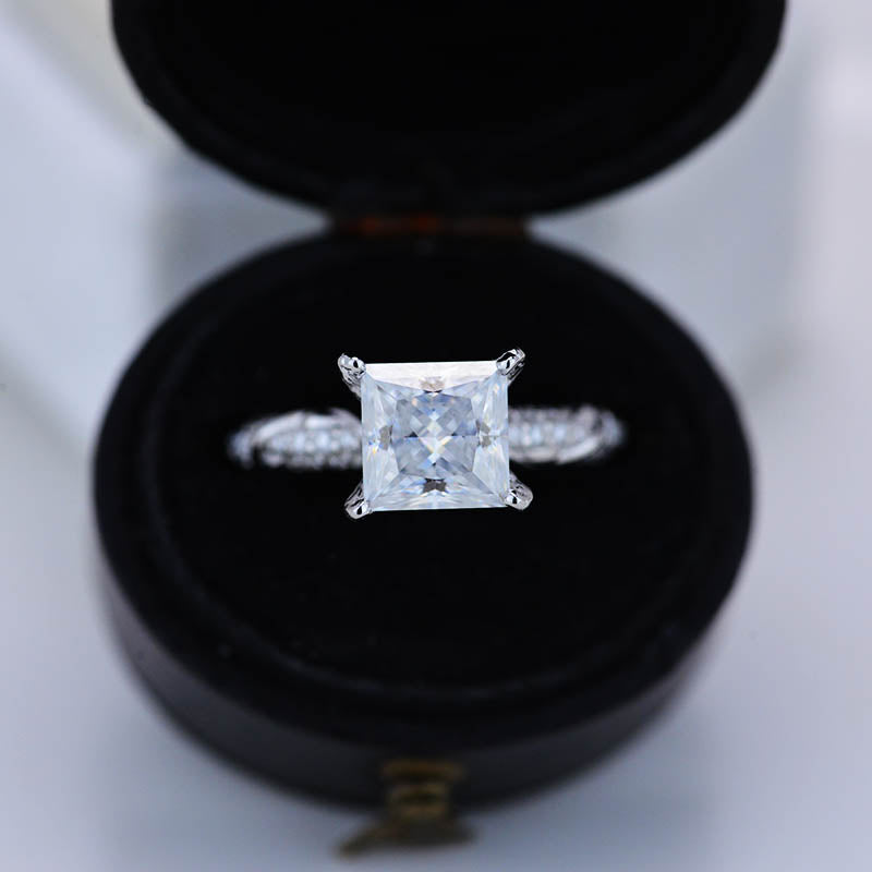 4Ct Moissanite Engagement Ring Set, Solitaire Princess Cut Moissanite Engagement Ring, Floral Eternity Ring Set