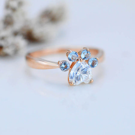 Moissanite Aquamarine Dog Cat Paw Ring