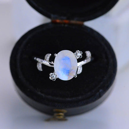 White Gold Dainty Natural Moonstone Leaf Ring, 2ct Oval Moonstone Twig Ring