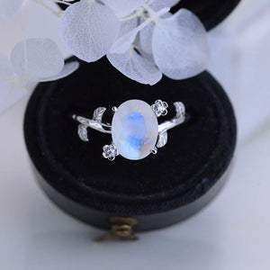 White Gold Dainty Natural Moonstone Leaf Ring, 2ct Oval Moonstone Twig Ring