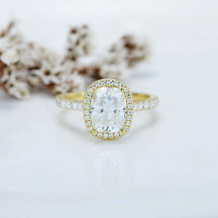 2.5Ct Cushion Moissanite 14K Yellow Gold Engagement Ring, Cushion Halo Engagement Ring