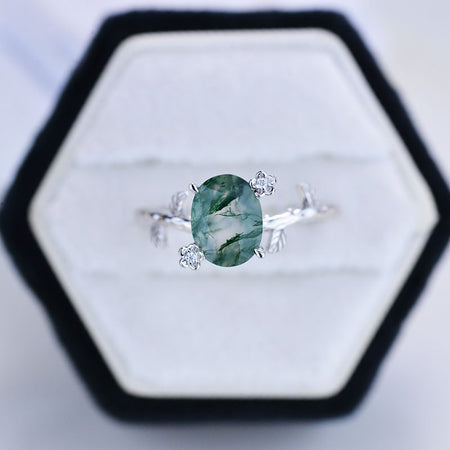 Cushion Cut Green Moss Agate Ring Vintage Unique Nature Inspired Engagement Ring Leaf 14K Rose Gold Ring Art Deco Bridal Wedding Ring Women 14K Rose