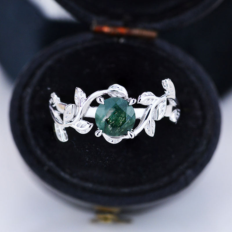 Genuine Moss Agate Twig Floral White Gold Engagement  Ring
