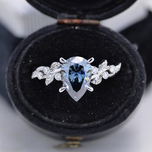 3 Carat Dark Gray-Blue Pear Cut Moissanite Floral Gold Engagement Ring