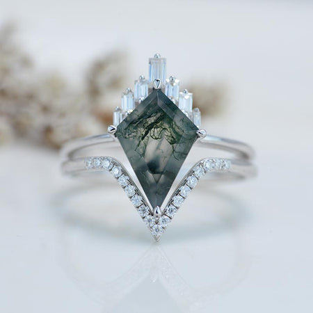 14K White Gold 4 Carat Kite Moss Agate Halo Engagement Ring, Eternity Ring Set