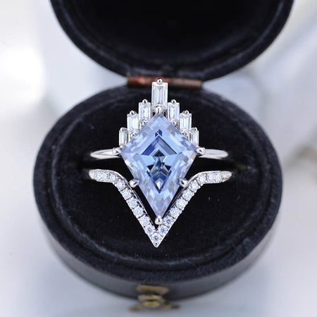 14K White Gold 4 Carat Kite Dark Gray Blue Moissanite Halo Engagement Ring, Eternity Ring Set