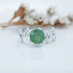 2 Carat Genuine Moss Agate Twig Floral White Gold Engagement  Ring